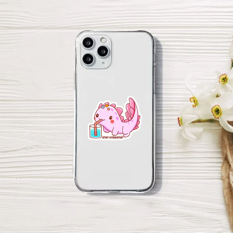 Stay Hydrated Cute Pink Axolotl Sticker on Device